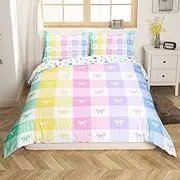Girls Bowknot Duvet Cover Set Full Size Colorful Bow Tie Bedding Set for Kids Girly Woman Room Decor Cartoon Watercolor Geometric Lattice Reversible Quilt Cover with 2 Pillowcases (No Comforter)
