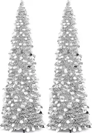 2 Pcs Pop up Tree 5 Ft Collapsible Artificial Christmas Tree Silver Tinsel Sequi