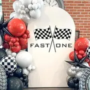 Fast One Racing Checkered Flag Birthday Party Backdrop, Round Arch Wall Sticker, Round Arch Sticker, Birthday Party Supplies，Black and White