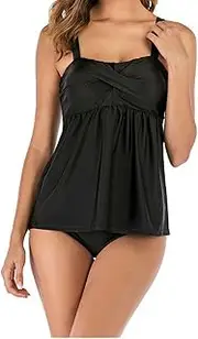 [Generic] Women Plus Size Bathing Suits Solid Color Two Piece Swimsuit Tankini Swimwear Sexy Flowy Swim Dress with Shorts