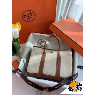 二手Hermès Garden Party 金棕色 皮革拼帆布手提包 30cm