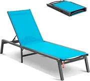 VEVOR Chaise Lounge Chair Outdoor, Aluminum Patio Lounge Chair with Adjustable 5-Position, Folding Pool Lounge Chair Recliner and Full Flat Tanning Chair for Patio, Beach, Pool, Blue