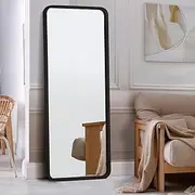Oikiture 166 x 60cm Full Length Mirror with Wooden Frame and Non-Slip Edge Rectangle Floor Standing Mirror for Home Living Room Black Wood