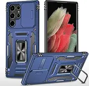 Slide Camera Case for Samsung Galaxy S22 Ultra,Kickstand with Built-in 360° Rotate Magnetic Ring Stand Shockproof Protective Armor Cover,Navy