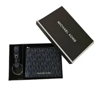 【Michael Kors】MICHAEL KORS 男款 經典印花LOGO直條紋皮夾.鑰匙圈禮品組 送原廠提袋