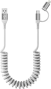 USB to USB-C and Lightning Cable Combo 2 in 1 Coiled Cable Apple Carplay & Android Auto Compatible[MFi, 3A Fast Charge, Data Sync] Coiled Lightning and USB C Cable for iPhone 15/14/13/12/Android,White