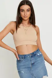 Beige Rib Top Seamless Crop - Size XS, Women's Singlet