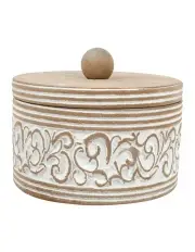 [Willow & Silk] Round Carved Trinket Box with Lid in Natural/Distressed White