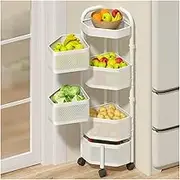 Kitchen Rolling Rack,5 Tier Metal Wire Shelf Fruit and Vegetable Storage Baskets,Multi-Layer Kitchen Trolley Storage Shelf for Living Room Bathroom(White)