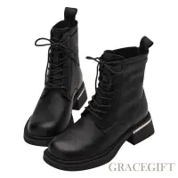 在飛比找Yahoo奇摩購物中心優惠-【Grace Gift】前衛金屬感圓頭馬汀靴 黑