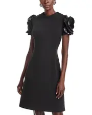 Teri Jon by Rickie Freeman Stretch Crepe Sequin Flower Short Sleeve Sheath Dress