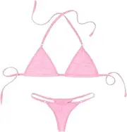 [TiaoBug] Women's Halter Mini Micro Triangle Bikini Thong Bottom Brazilian Cheeky Two Piece Swimsuits Pink One Size