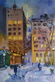 oil painting on canvas original hand made art with city snowy winter evening