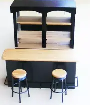 Dolls House 4 Piece Black Bar Set 1:12 Scale Miniature With Metal Stools Tumdee