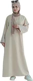 [Zofocy] Embroidered Muslim Abaya Long Sleeve Dubai Dress Turkish Robe Zipper Maxi Dess Women Eid Clothes, Beige, X-Large