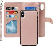 iCoverCase iPhone Xs Max Wallet Case with Card Holder, 2 in 1 PU Leather Case with Magnetic Clasp Zipper Pocket Shockproof Detachable Flip Case with Wrist Strap for iPhone Xs Max (Rose Gold)