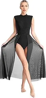 [Vxuxlje] Women's Lyrical Dance Dress Lace Patchwork Sleeveless Flowy Tulle Leotard Dress Dancewear