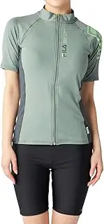 [FILA] 315602 Women's Fitness Swimsuit, Short Sleeve, Top and Bottom Set, Full Zip, Comes with Snaps to Prevent Roll, Size 9-19, Heathered Khaki, 17 号