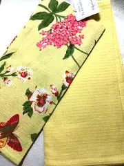 APRIL CORNELL KITCHEN TOWELS YELLOW PINK BUTTERFLY WAFFLE WEAVE COTTON NWT