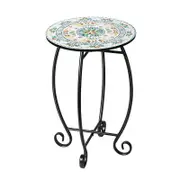 Side Table with Relief Ceramic Tile Tabletop & Metal Frame for Living Room
