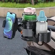 3-in-1 Stroller Cup Phone Holder Attachment, Universal Cup Holder with Adjustable Phone Mount, Double Cup Holder for Walker, Wheelchair, Fits Most Donna, Uppababy, Bugaboo, Anti-Slip & Easy Install