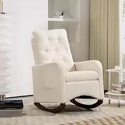 Kselythan Nursery Rocking Chair, Comfy Upholstered Glider Rocker Armchair with Rubber Wood Legs High Back and Side Pocket for Living Room Bedroom, White