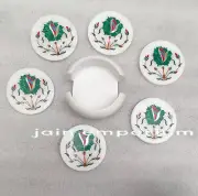 Tea Coaster Set Floral Pattern Inlay White Marble Coffee Coaster green malachite