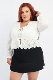 White Top Long Sleeve Tie Front Broderie