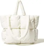 [TOMYEUS] Fluffy Cotton Tote Shoulder Bag for Women， Handbag Lady Large Puffer Purses Luxury Satchel Quilted Cotton Padded Designer Puffer Polyester Pillow Shopper Bag,White