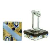 Murano Glass Cufflinks Gold Light Blue Millefiori Pair Square