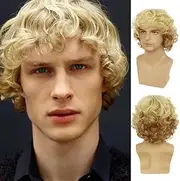 Blonde Men Wig Short Wavy Fluffy Natural Synthetic Wig with Bangs Costume Daily Party Cosplay Halloween Wig for Men