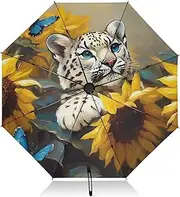 [PDZRMY] Snow Leopard Sunflower UV Protection Travel Umbrella Compact for Rain and Sun - Auto Open and Close UPF 50+ Windproof Portable 46” Sun Umbrella for Women and Men