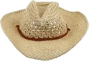 [JEWEDECO] Summer Straw Hat for Women Western Style Sun Block Cowboy Hat UV Protection Beach Hat Size 56 for Outdoor Activities and Sun Protection Beige