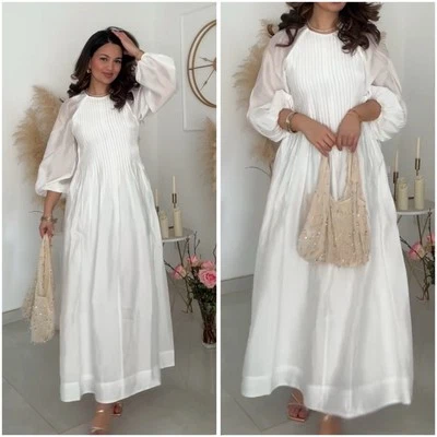 H&M Pintuck Maxi Dress White Modest Ramadan New XS S M L
