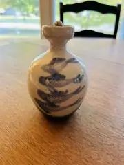Studio Art Pottery Oil Lamp Green White With Blue Fish Signed DCP