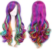 26'' Long Natural Hair Wigs Cosplay Wig with Bangs Colorful Halloween Costume Party Wigs for Women (Pink Yellow Purple)