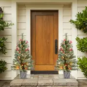 Costway 2x 90 CM Potted Christmas Tree Pre-lit Artificial Xmas Tree in Urn w/125 Tips &Red Berries Porch Entrance