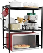 Expandable Microwave Oven Rack, 2 Tier Kitchen Countertop Shelf, Large Stand with Cutting Board Holder, 6 Hooks, Adjustable (Black-3 Tier)