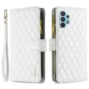 BINFEN COLOR Compatible For Samsung Galaxy A32 4G (EU Version) BF Style-15 Rhombus Pattern Imprinted Protective Case with Zipper P White