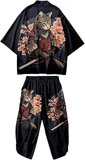 [DOSLAVIDA] Men's Japanese Kimono Cardigan Suit Chinese Style Printed Jacket Pants Set Open Front Seven Sleeve Top & Shorts