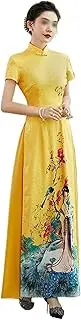 [HYJHHY] Long Atmosphere Chinese Dress for Women Catwalk Stage Performance Ao Dai Vietnamese Dress Vintage Printed Qipao Double Layer Slit Prom