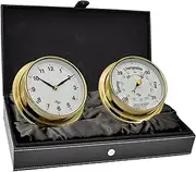 Master-Mariner First Light Collection, Nautical Cabin Gift Set, 5.75” Diameter Clock and Barometer Instruments, Gold Finish, Classic White dial