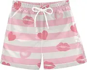 [sanluoli] Peach White Stripes Heart Lip Love Volleyball Shorts Teens Swimming Trunks Quick Dry Elastic Lined Beach Swimming 2T, Peach White Stripes Heart Lip Love, Small