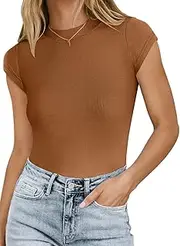 [MISSJOY] Women Short Sleeve Bodysuits One Piece Crew Neck Stretchy Ribbed Slim Fit T Shirt Bodysuit Tops