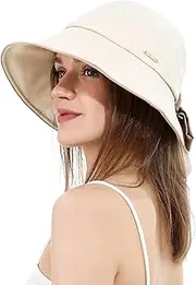 [Rulala Fancy] Sun Hat for Women Wide Brin Bucket Hats with Bow Ponytail Hole UV Protection Beach Cap for Summer UPF 50+