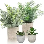 4 Set Artificial Plants Indoors Potted, Small Fake Plants in Pot Eucalyptus Rosemary Succulents for Home Decor Desk Bedroom Kitchen Office Decoration (4 Pack-A)