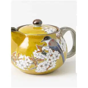 現貨日本進口九谷燒手繪陶瓷黃釉櫻花雀鳥茶杯茶壺咖啡杯對杯禮盒