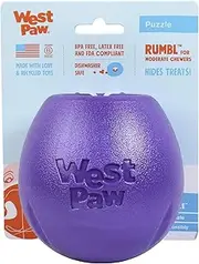 West Paw Zogoflex Rumbl Treat-Dispensing Dog Toy – Interactive Slow-Feeder Chew Toys for Dogs – Dog Enrichment Toy – Dog Toy for Moderate Chewers, Fetch, Catch – Holds Kibble, Treats (Eggplant, Large)