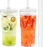 22oz Glass Cups with Straws and Lids, Glass Cups Drinking Jar, Iced Coffee Cups, High Borosilicate Glass Tumblers Ribbed Glassware for Water Smoothies Juice Iced Tea Drinks (2 PCS Clear)