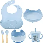 AwObEpl 6Pcs Silicone Baby Feeding Set Non Slip Infant Weaning Supplies Foster Self Eating Easy to Grip Baby Tableware Set for Toddler (Blue)